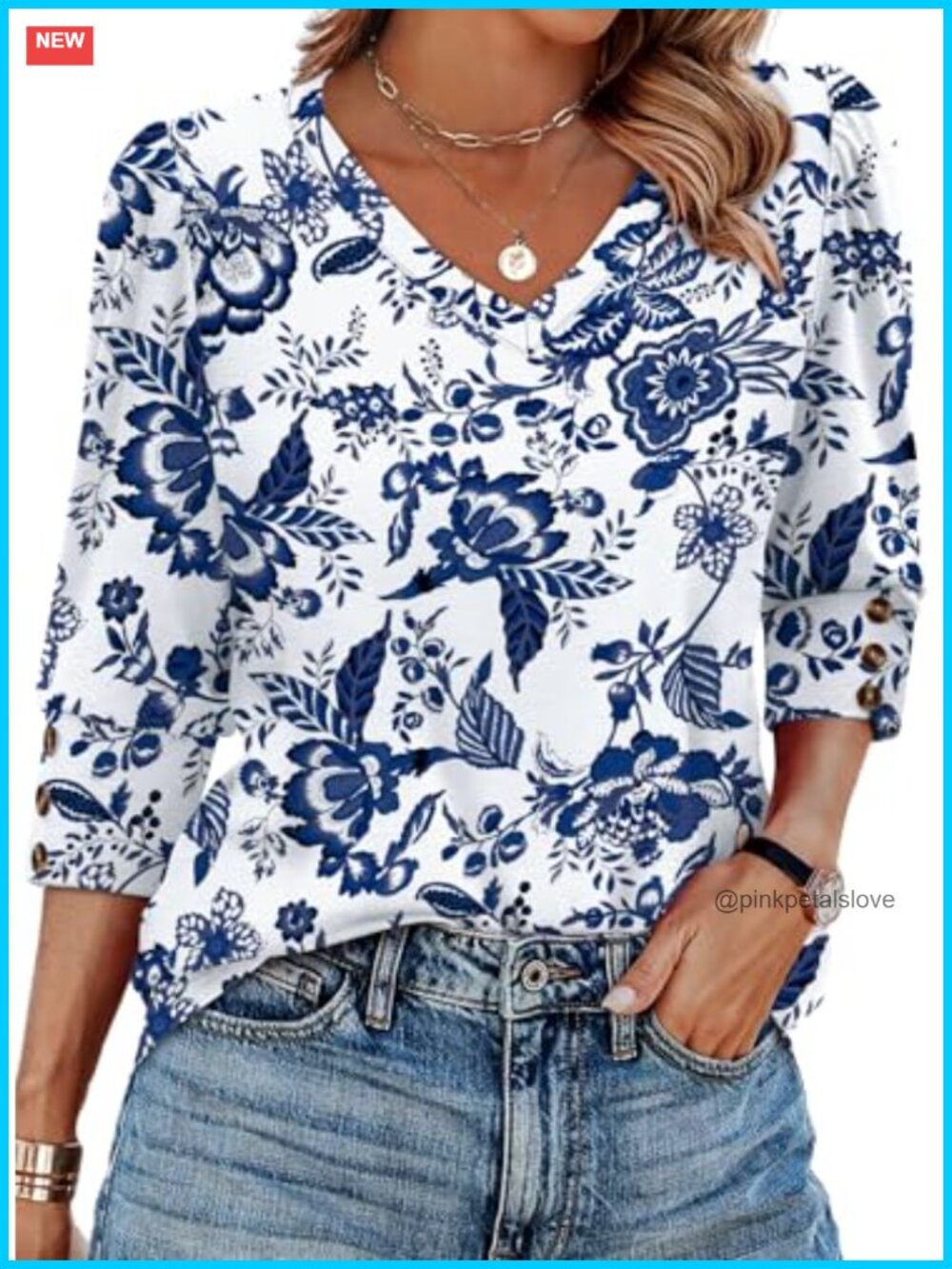 3/4 Sleeve V-Neck Blouse with Buttons Summer Tunic Top